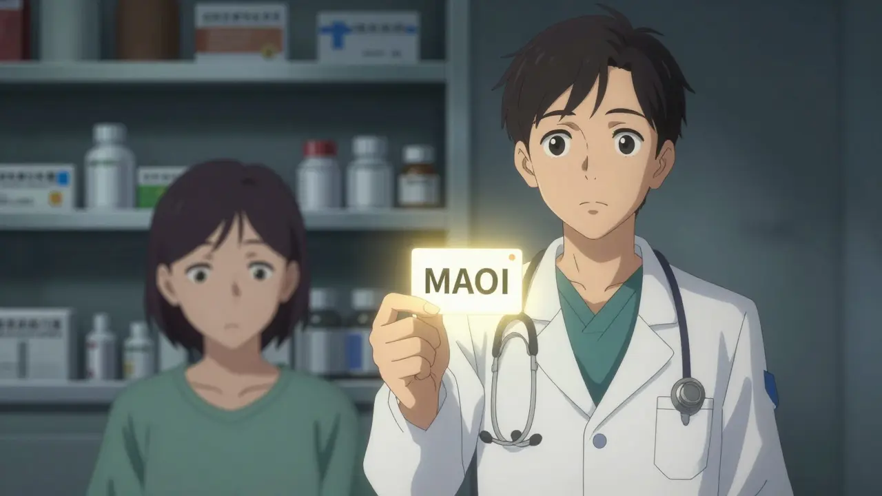 Doctor holding MAOI alert card to prevent drug interactions