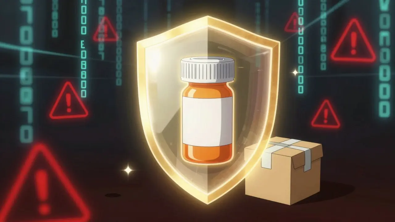 Glowing digital shield protecting a medicine bottle from dark cyber threats