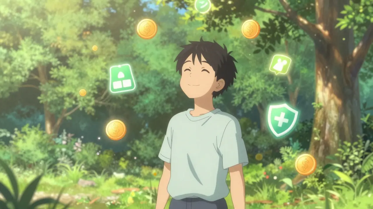 Happy anime character enjoying allergy-free spring outdoors with savings icons.