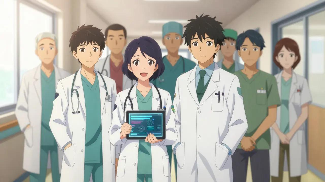 Medical team collaborating in a sunlit hospital corridor with tablets