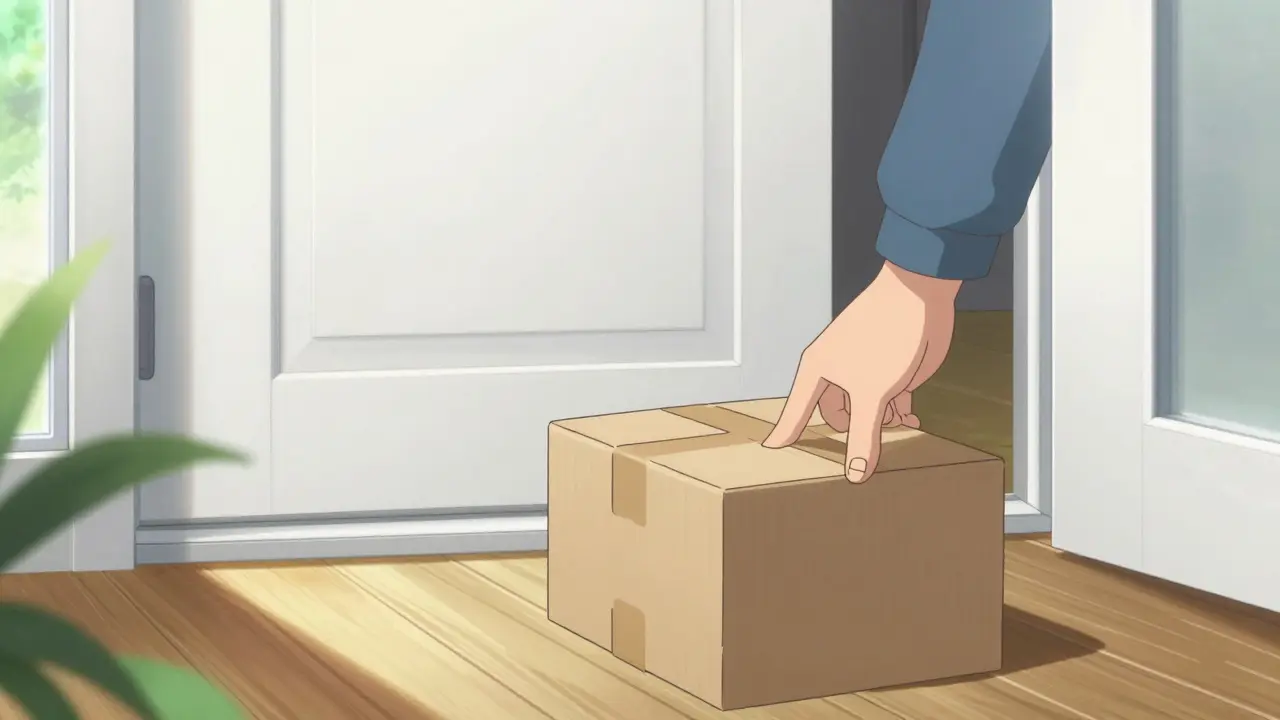 Medicine delivery package waiting on a doorstep in morning sunlight