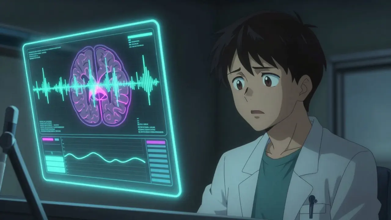 Neurologist viewing holographic brain activity spikes indicating seizure risk