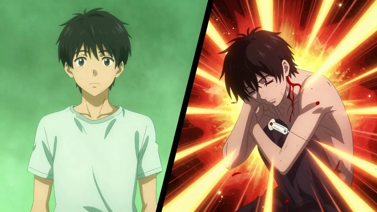 Split screen anime art showing stable health vs hypoglycemia crash from sugar spikes.