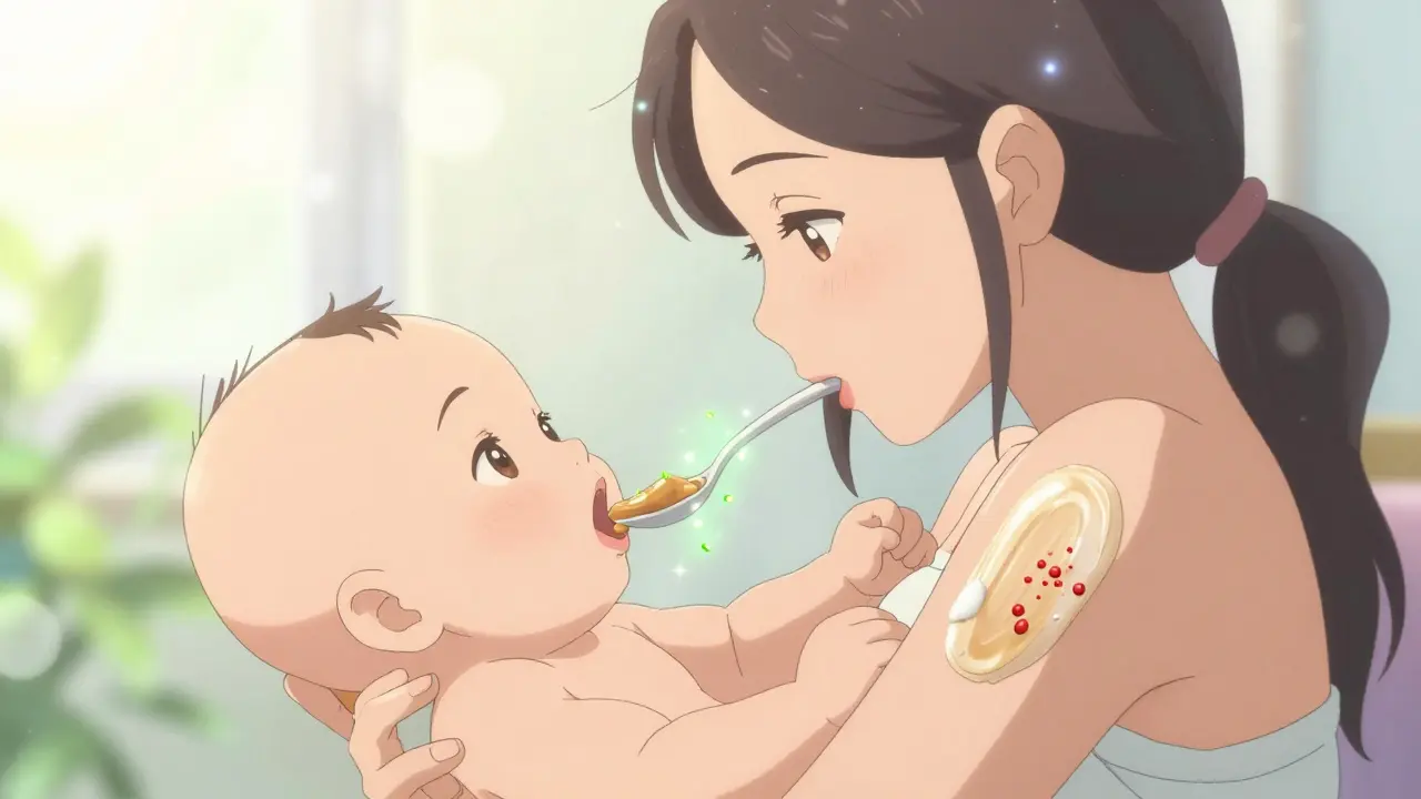 Ufotable style illustration of a baby eating peanuts safely with protected skin