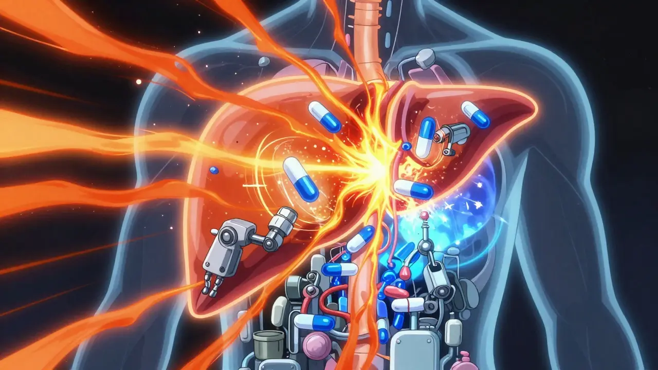 Visual metaphor of liver enzymes rapidly breaking down hormones