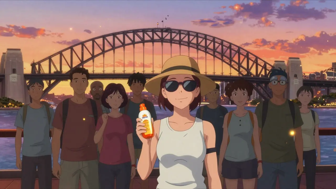 Anime group on Sydney bridge at sunset, smiling with sunscreen and hope