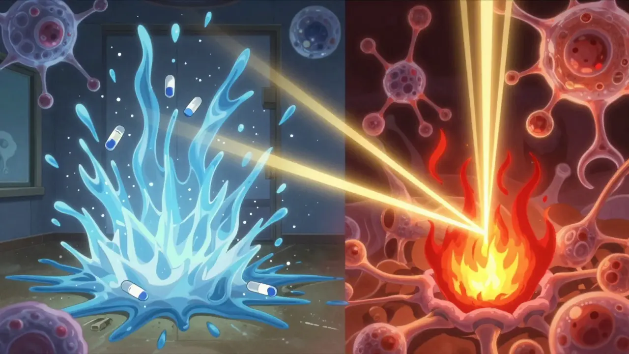 Anime illustration comparing broad steroid spray vs precise biologic light beam