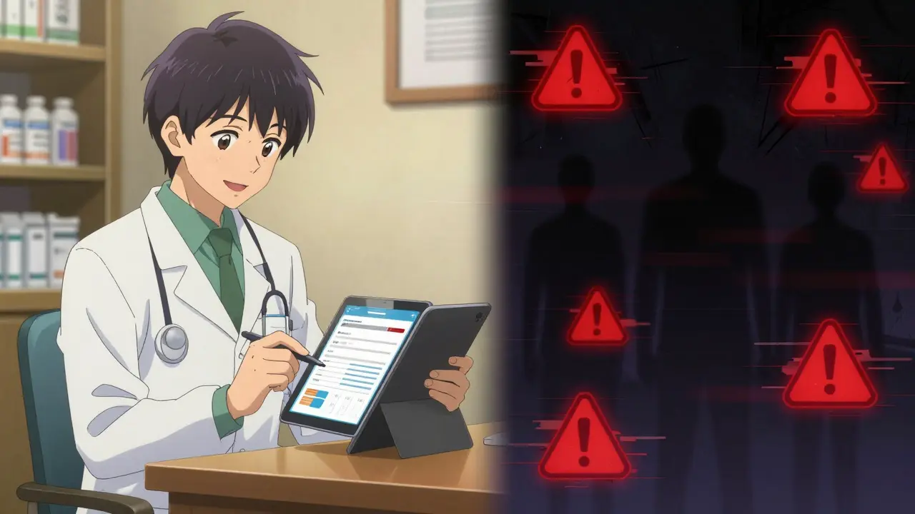 Anime split-screen contrasting a warm telehealth consultation with dark scam warnings