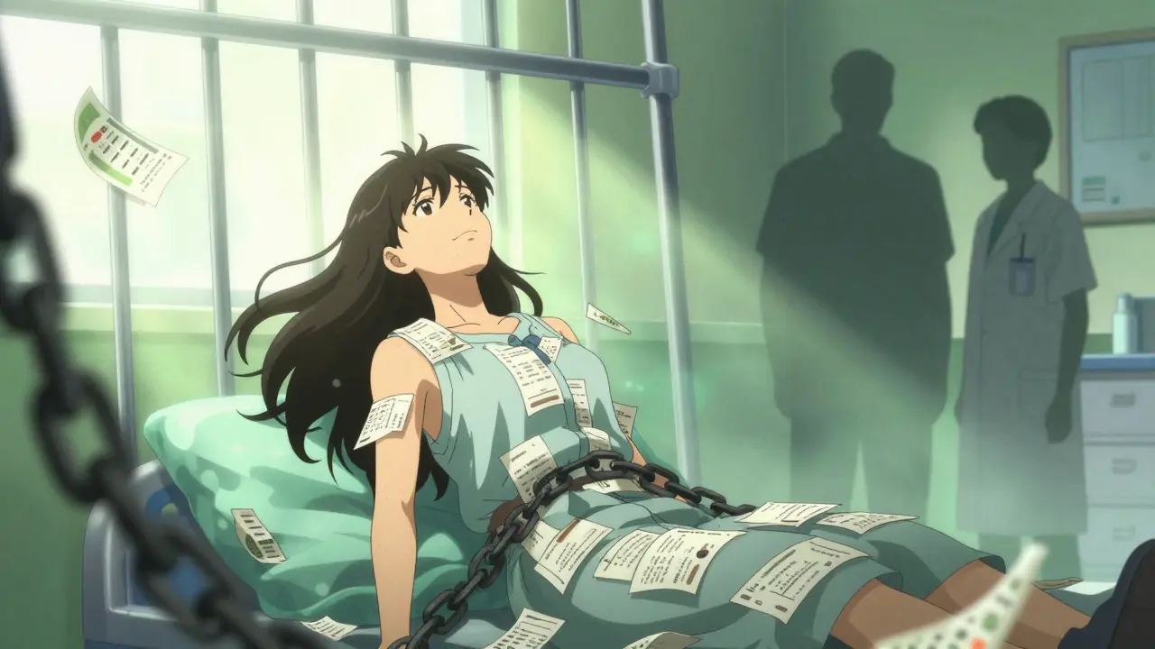 Anime style image of patient breaking free from medical chains, breathing freely