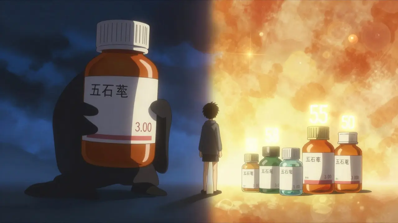 Character comparing expensive brand meds vs cheap generic pills in anime style