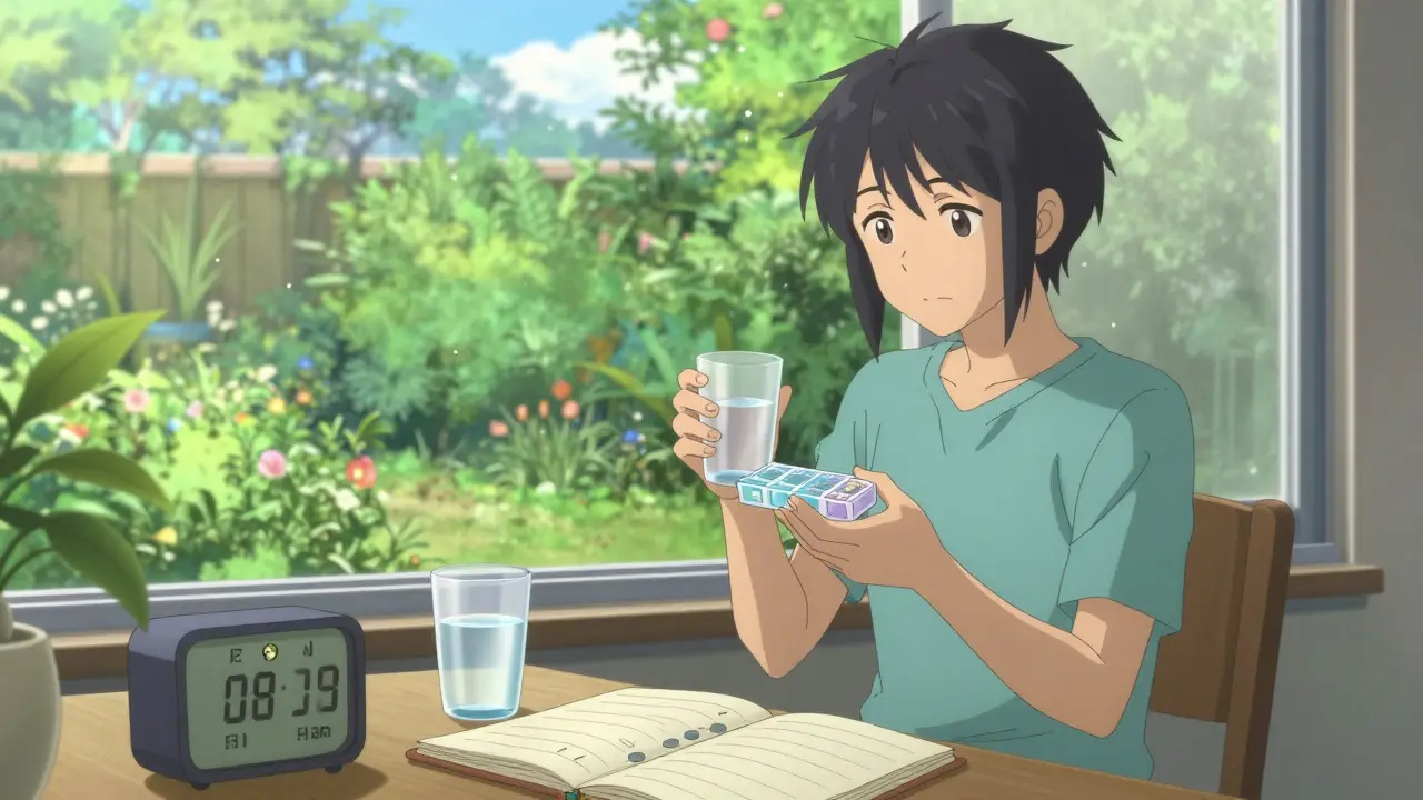 Character taking morning medication with a view of a garden