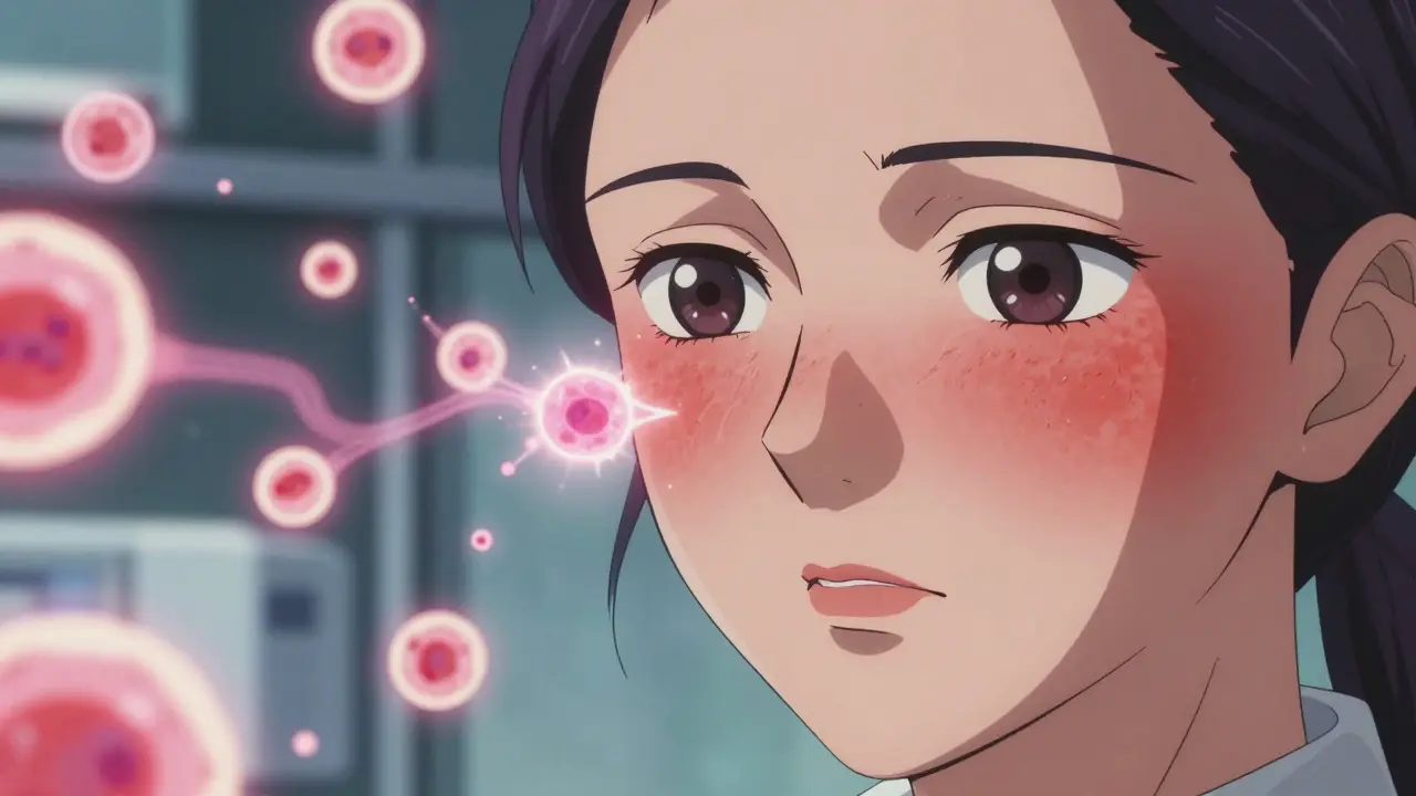 Close-up anime face with butterfly rash and glowing immune cell effects