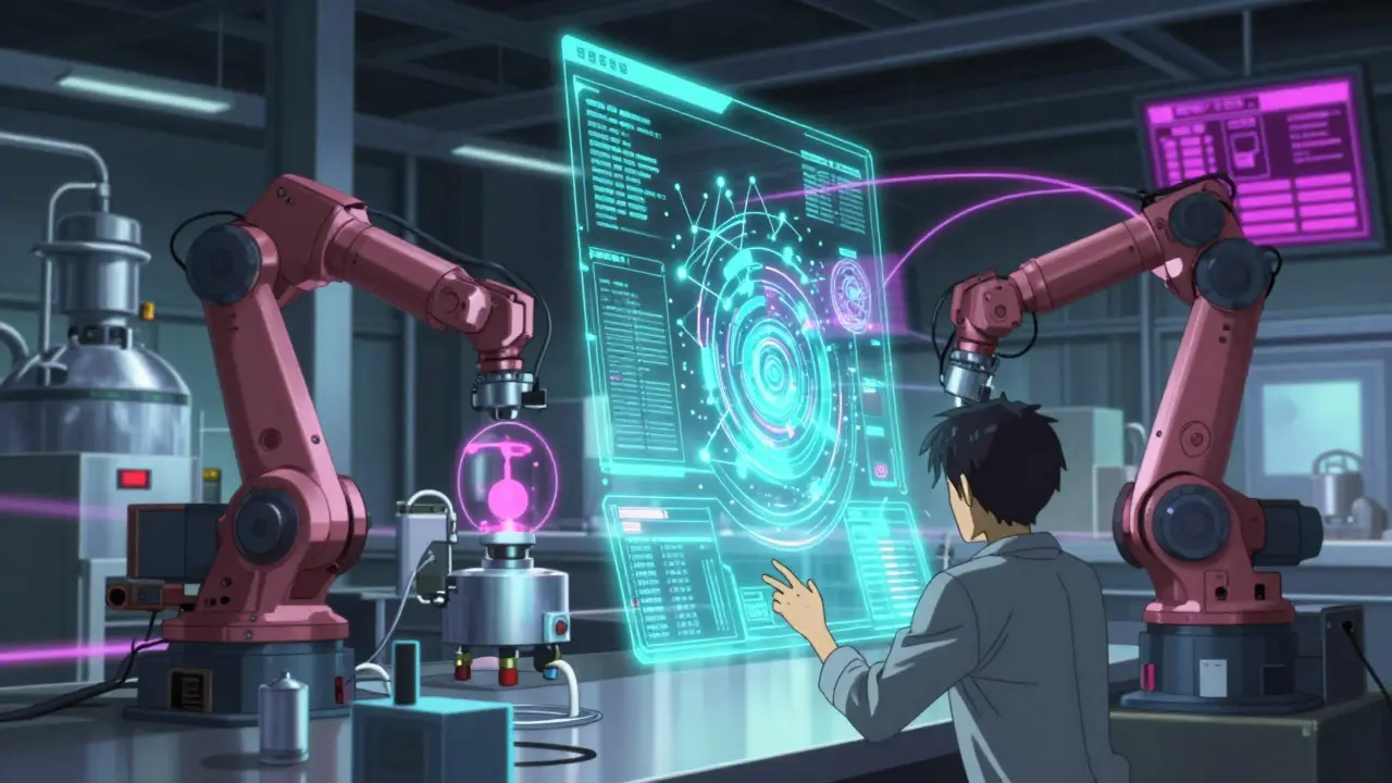 Futuristic anime scene showing AI monitoring pharmaceutical manufacturing