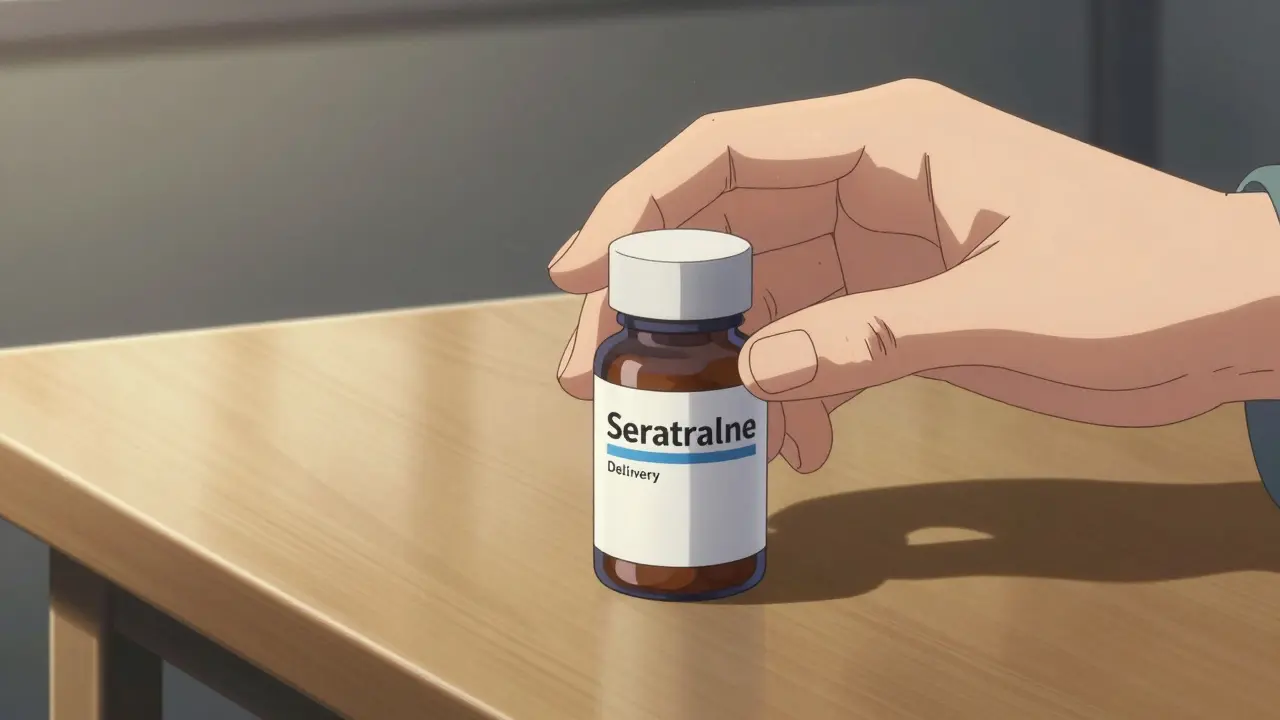 Medication bottle placed on table with dramatic lighting