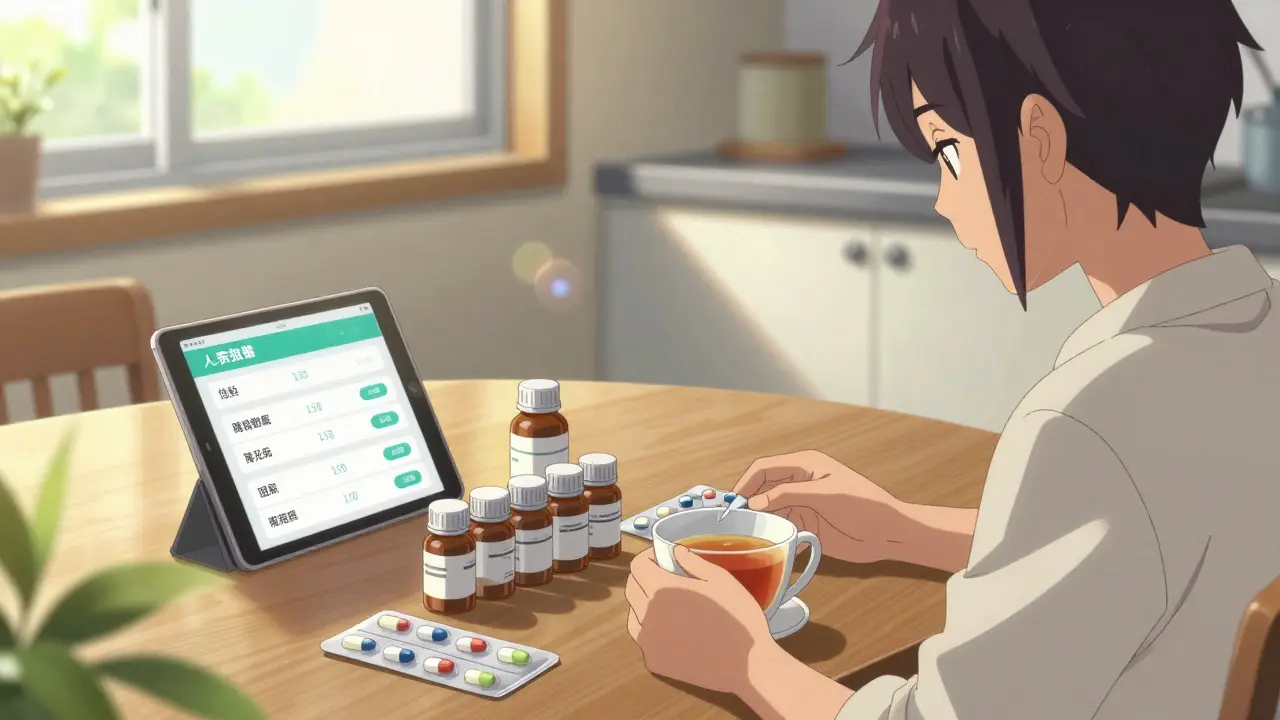 Person calmly organizing generic meds in bright kitchen