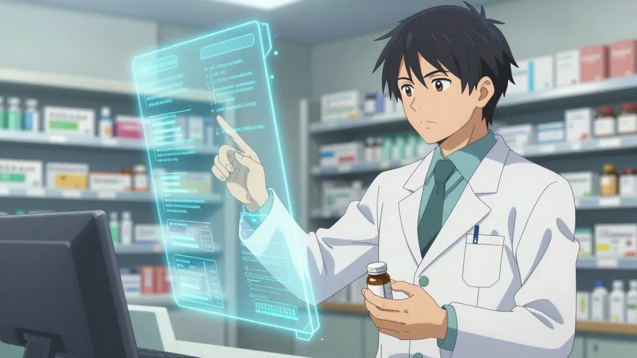 Pharmacist reviewing medication data on a holographic screen.
