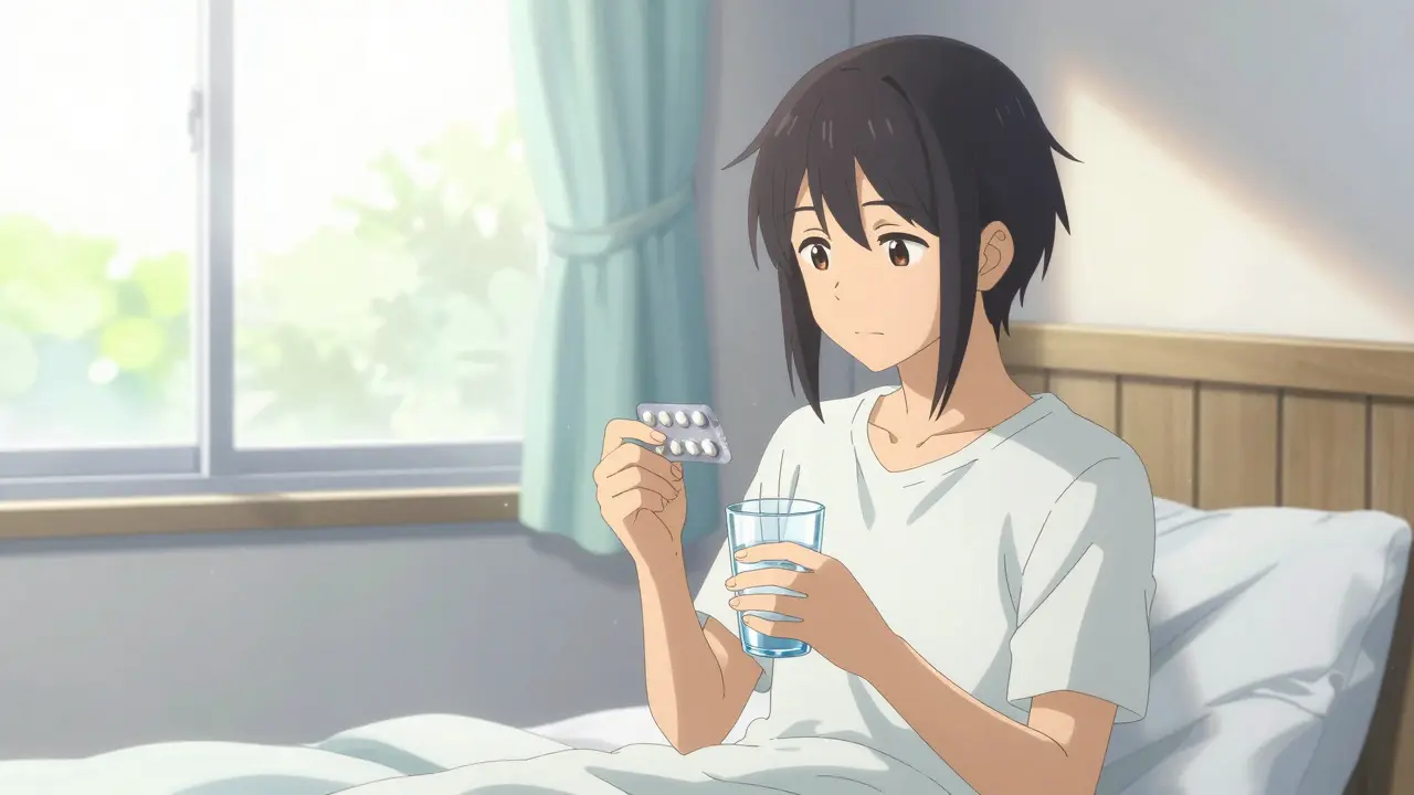 Serene anime scene of a person taking morning medication by a sunny window