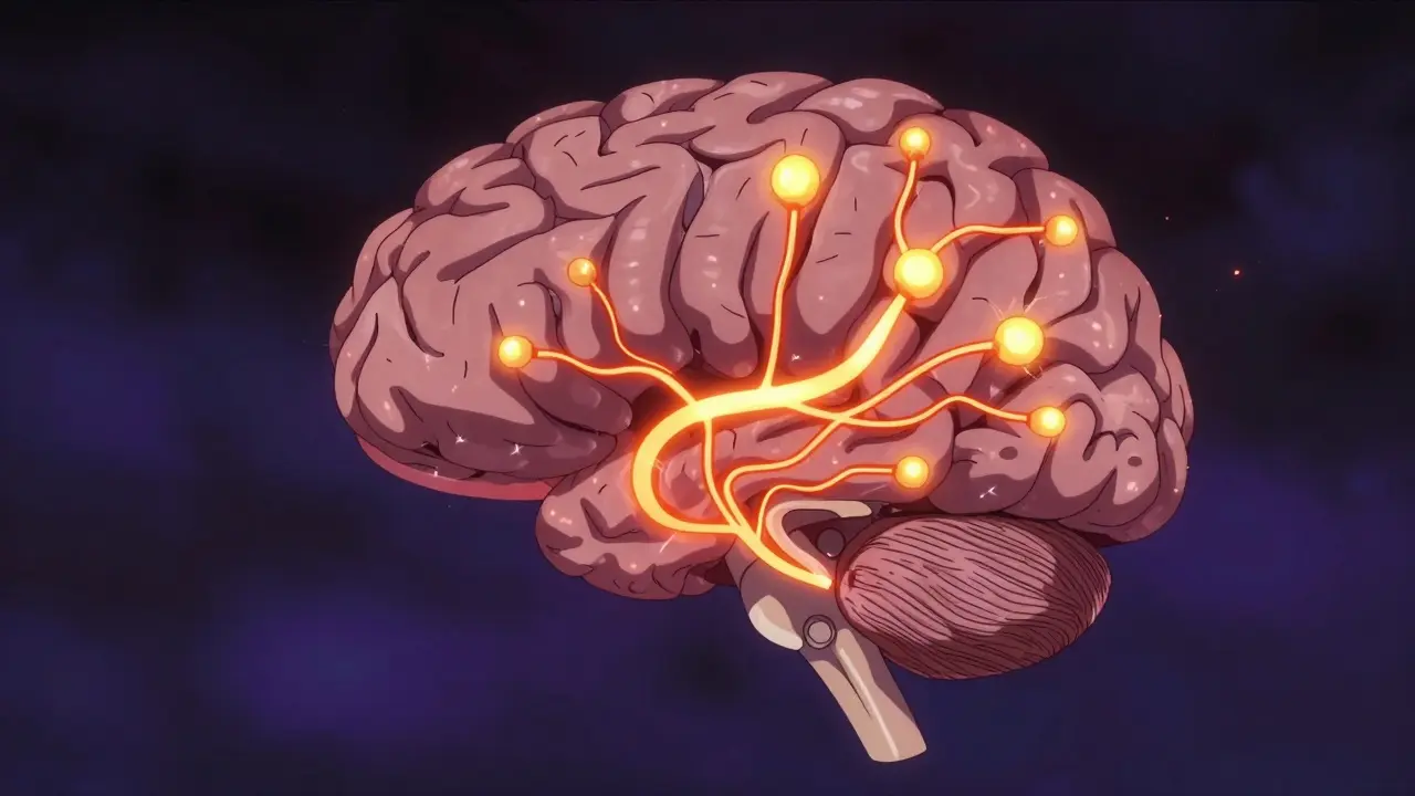Stylized brain illustration showing neurotransmitter activity and wakefulness