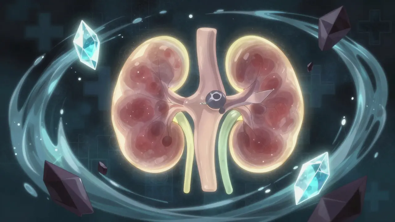 Stylized kidney with floating magnesium and potassium crystals