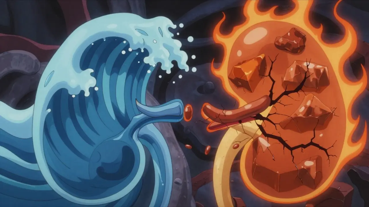 Abstract anime art showing blue waves blocked by orange rocks, symbolizing drug conflict.