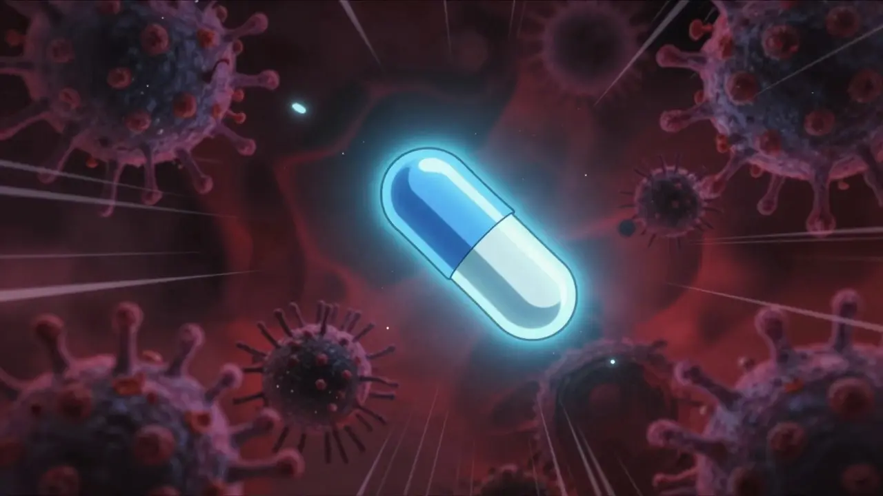 Abstract battle between antibiotic pill and resistant bacteria