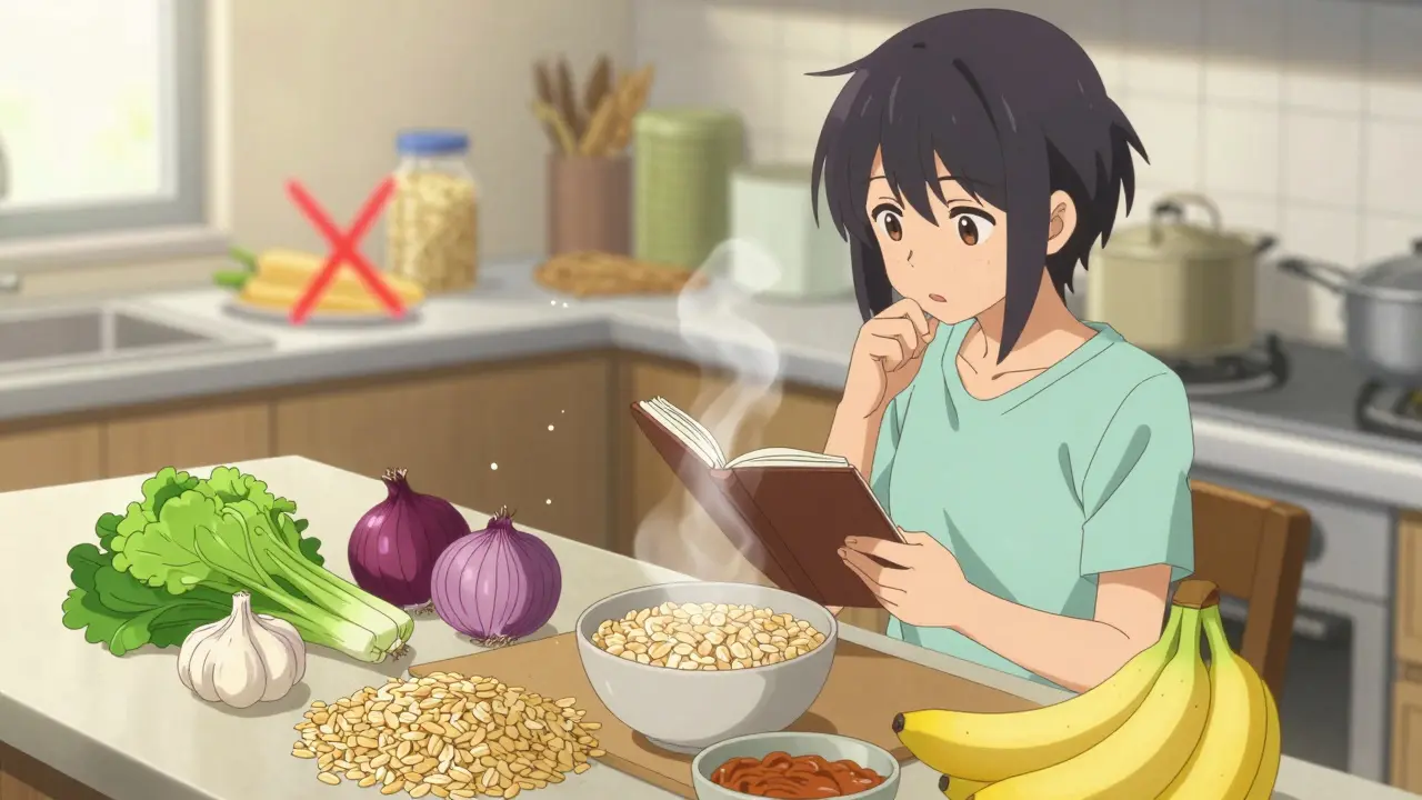 Anime character planning a low FODMAP meal with healthy foods