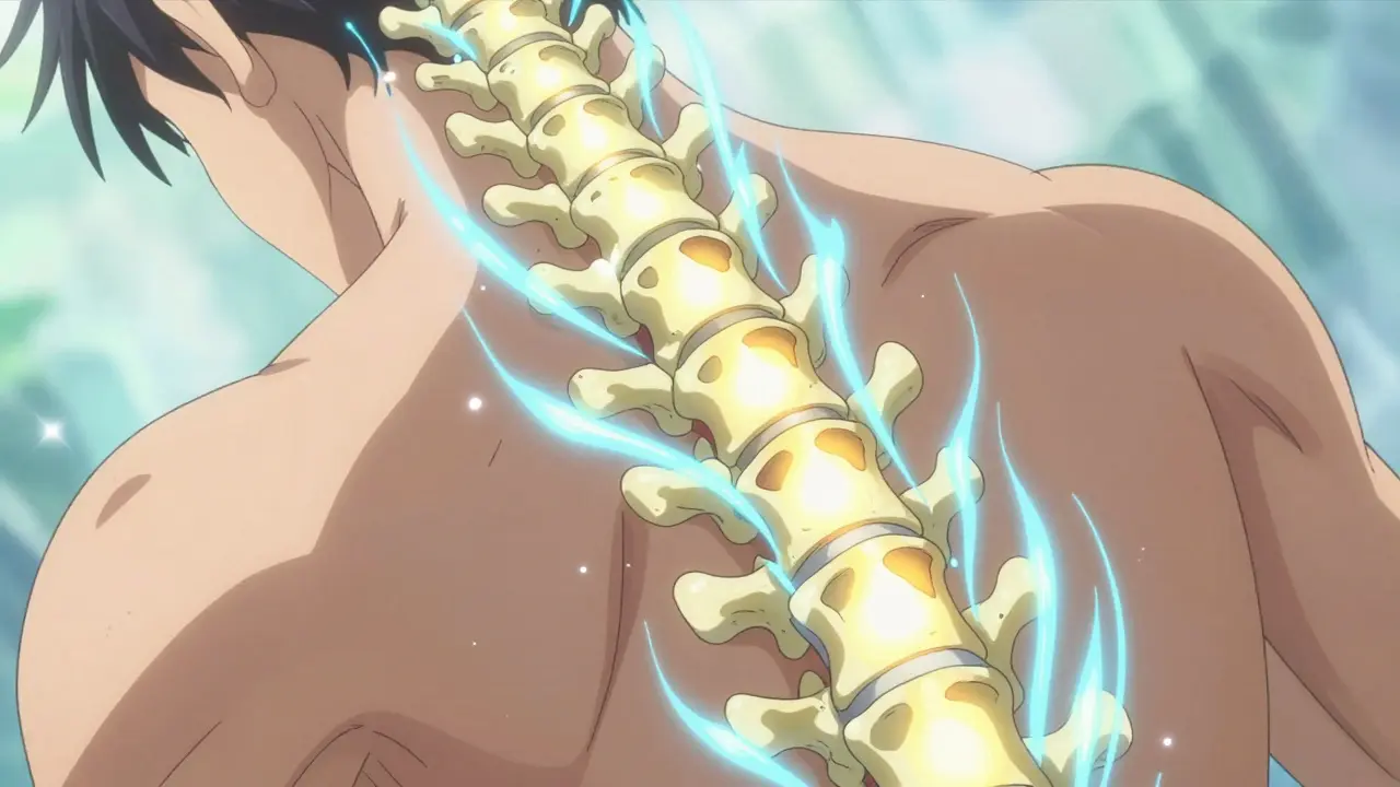 Anime style image of bones healing with bright golden energy