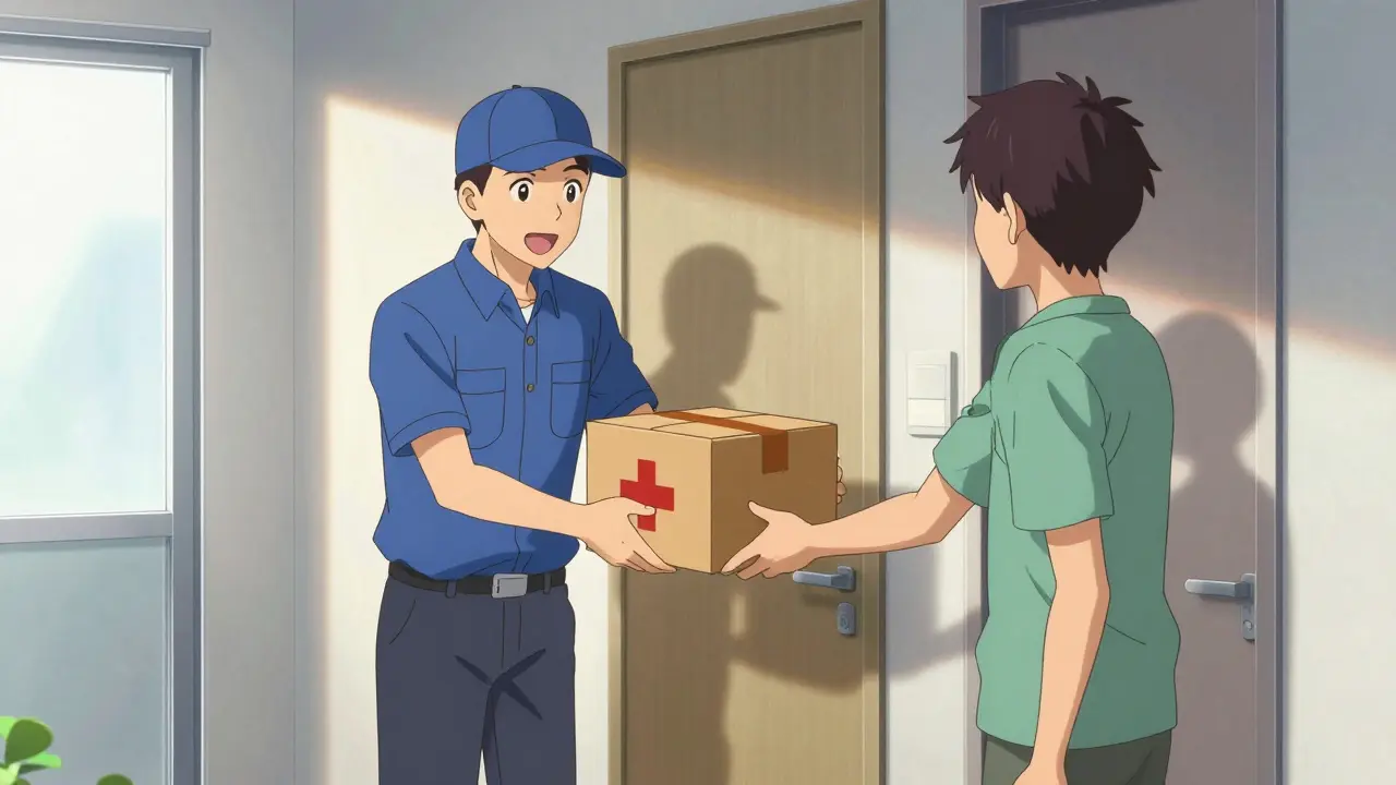 Courier delivering medication package to doorstep in anime style