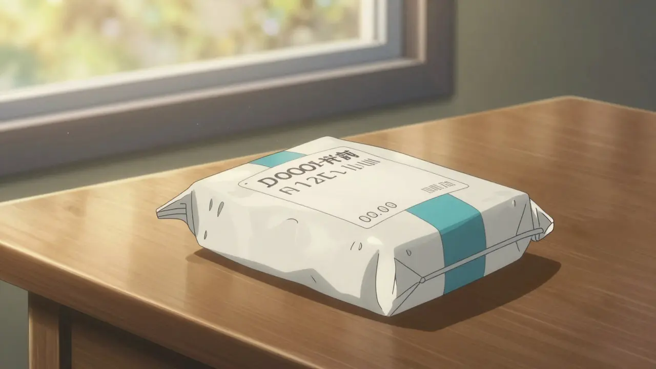 Delivered medicine package on table in warm sunlight