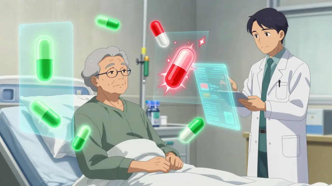 Elderly patient surrounded by floating pills, some glowing green, others sparking red.
