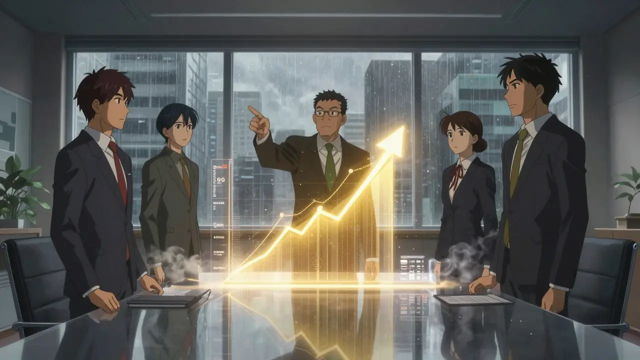 Executives reviewing glowing growth charts in a modern boardroom