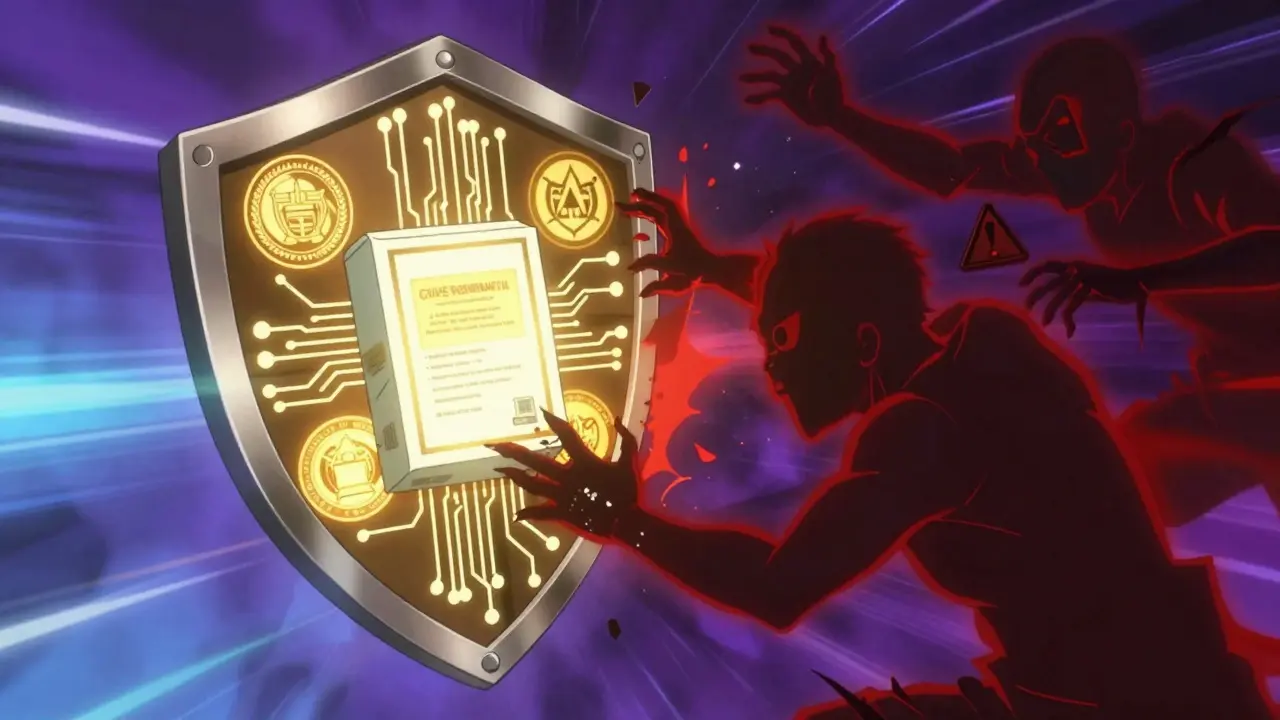 Golden shield protecting medicine from shadowy scam figures