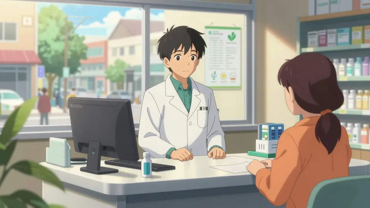Independent pharmacist consulting patient in bright, modern clinic