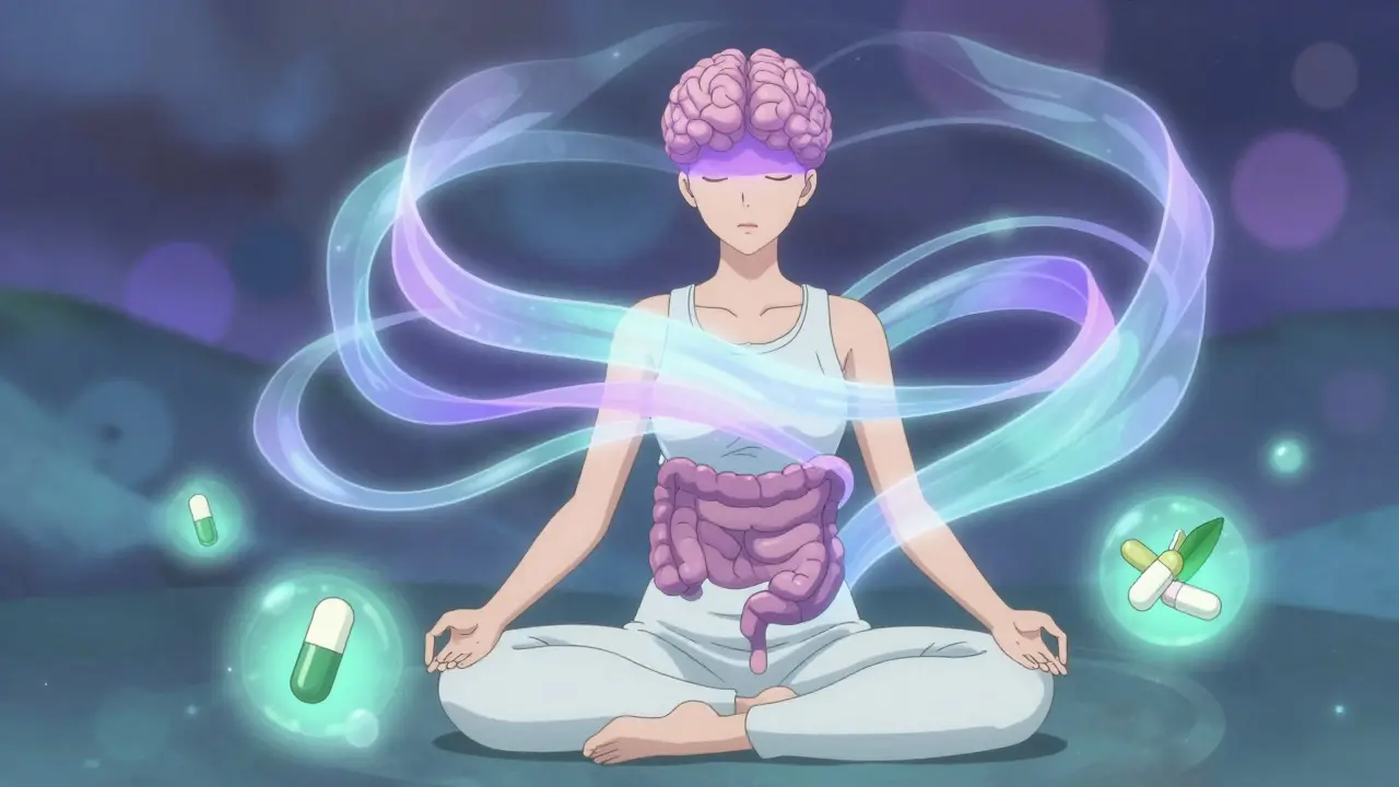 Manga style image showing meditation and gut-brain connection