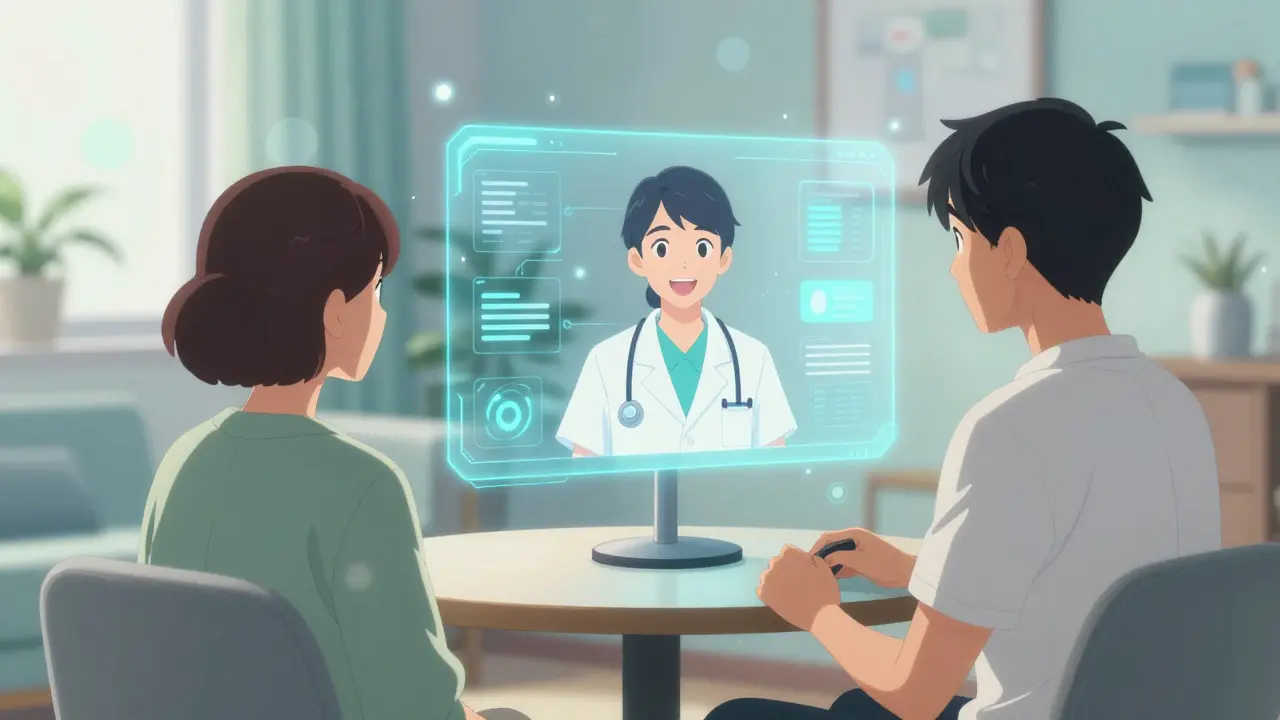 Patient consulting with doctor via holographic telehealth interface
