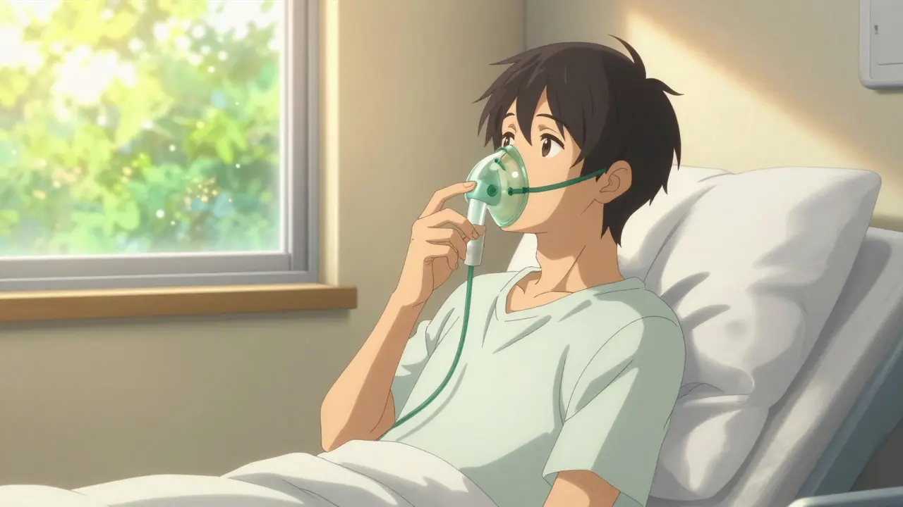 Patient recovering with oxygen mask, anime style