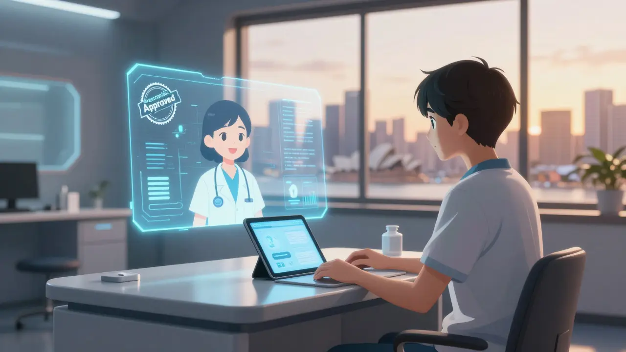 Patient using telemedicine app for prescription in modern Australian setting