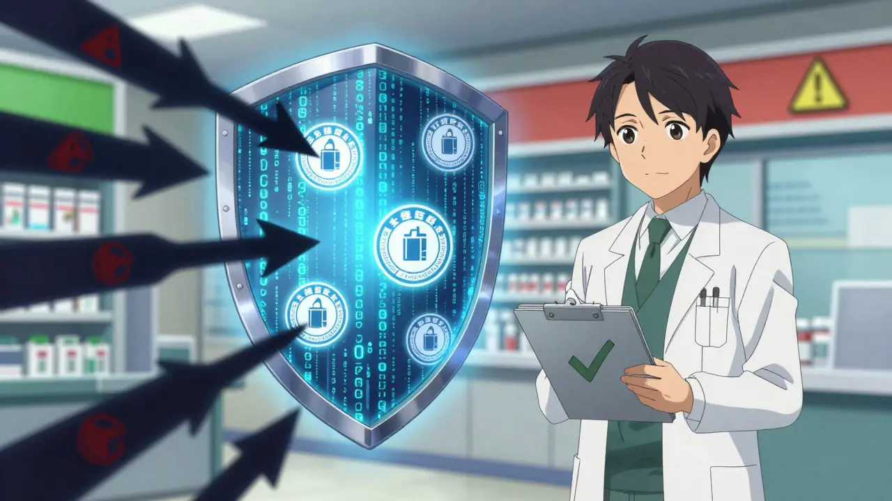 Shield protecting against online pharmacy scams