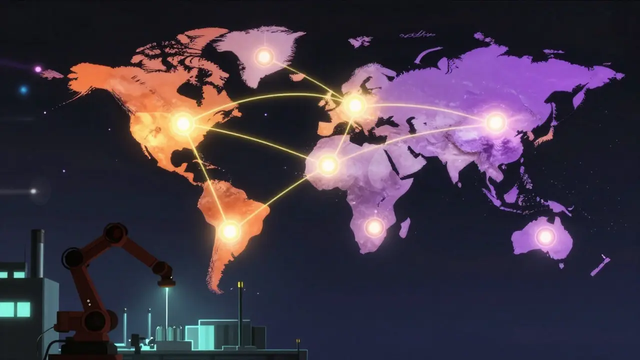 Stylized global map with energy lines connecting pharmaceutical hubs