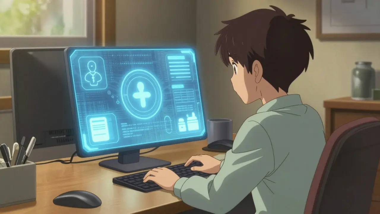 Anime character using a tablet for an online telehealth medical consultation
