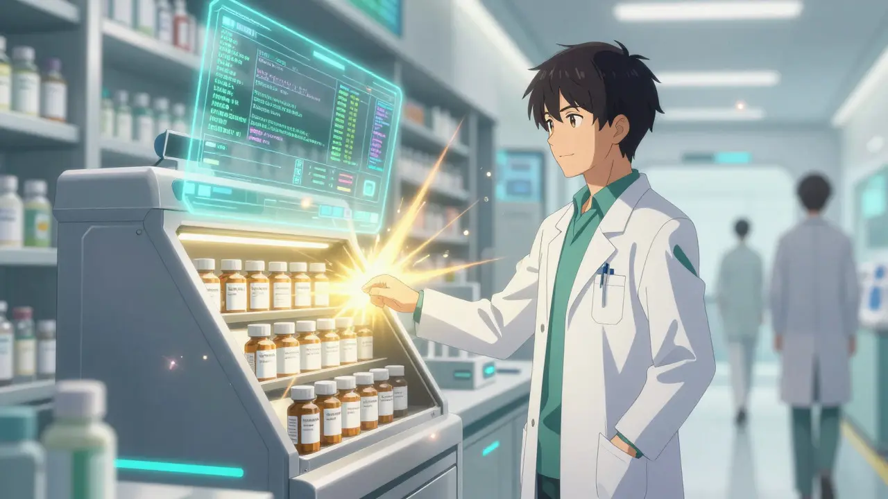 Anime pharmacist interacting with a futuristic AI-driven dispensing cabinet in a hospital