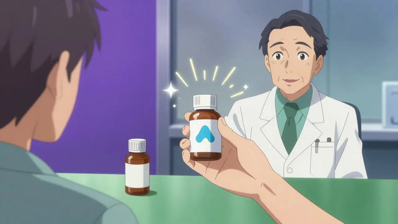 Anime scene of a hand selecting a safe medication bottle over a risky one