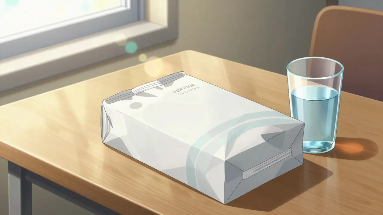 Anime style delivery package and water glass on a sunlit table
