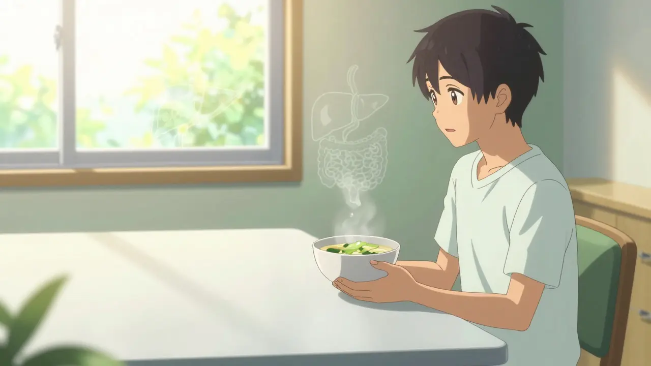 Character eating a light meal in a sunny room, symbolizing post-surgery recovery and diet