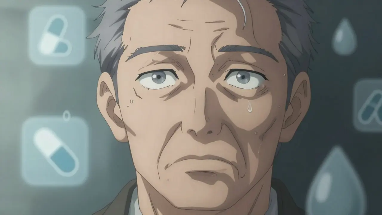 Close-up anime portrait of an elderly man looking confused and disoriented
