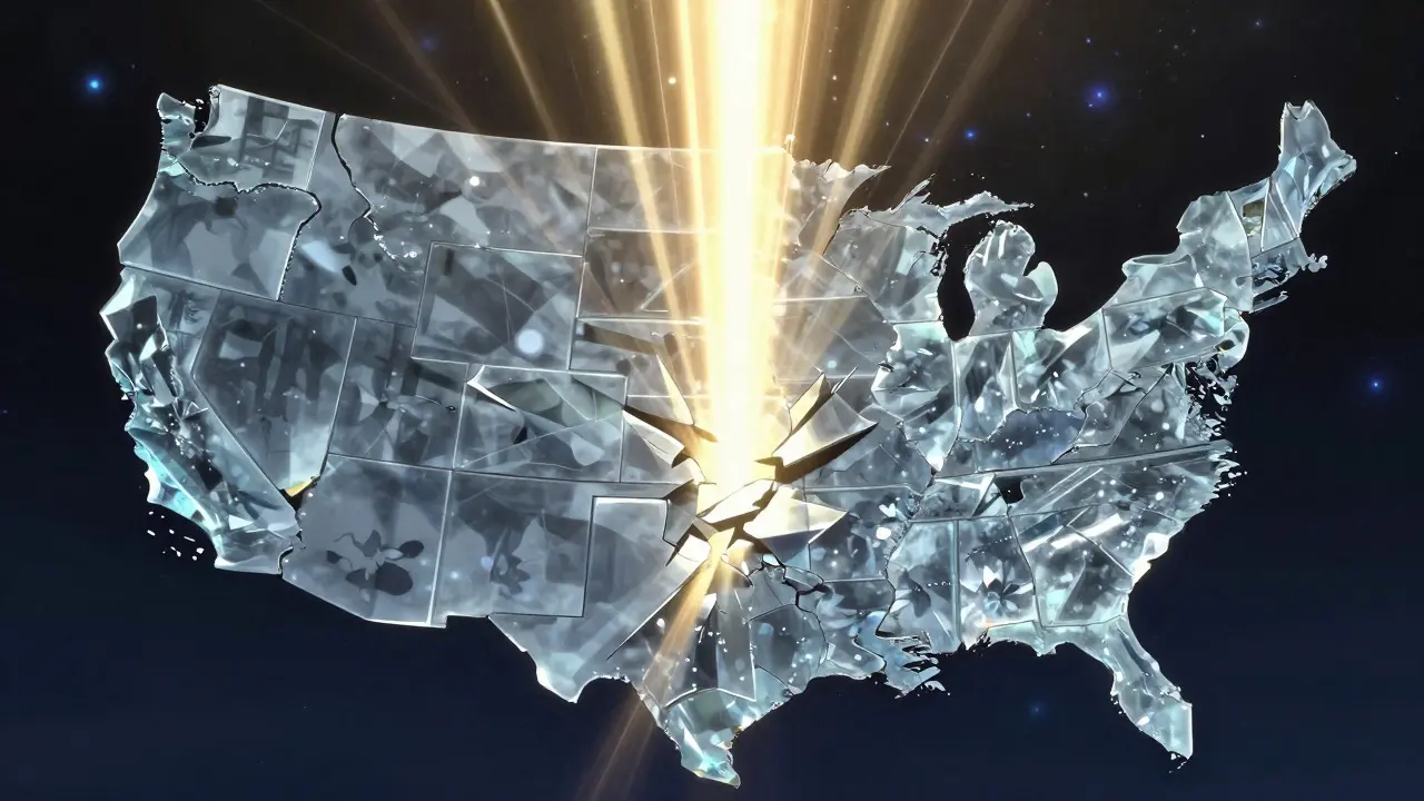 Conceptual anime art of a US map made of crystal shards fusing under a beam of golden light