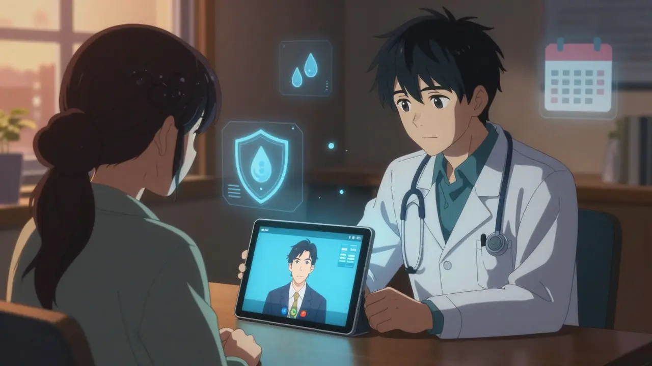 Doctor and patient on a video call surrounded by floating health safety icons in anime style