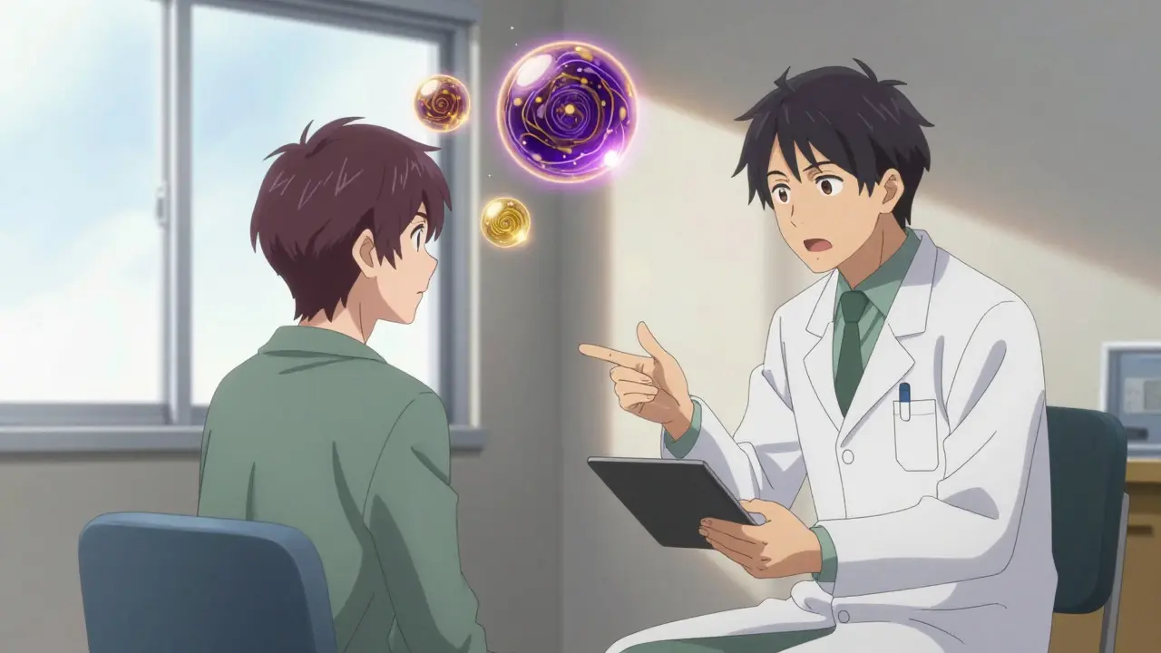 Doctor explaining medication to a patient with glowing energy orbs representing brain chemistry