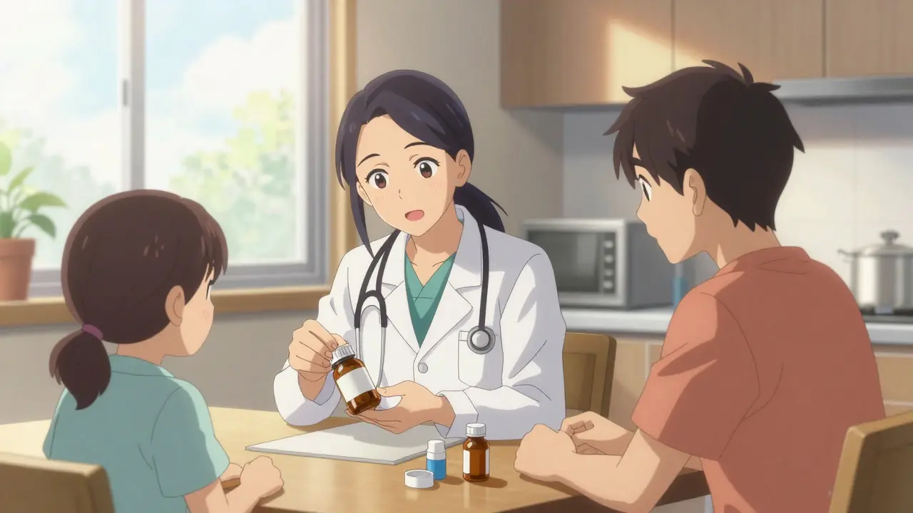 Family and doctor reviewing medications together to prevent drug-induced confusion.