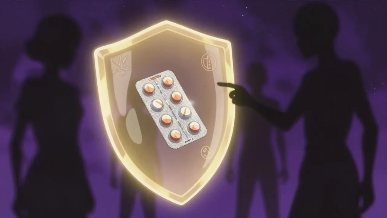 Glowing shield protecting medication from shadowy threats